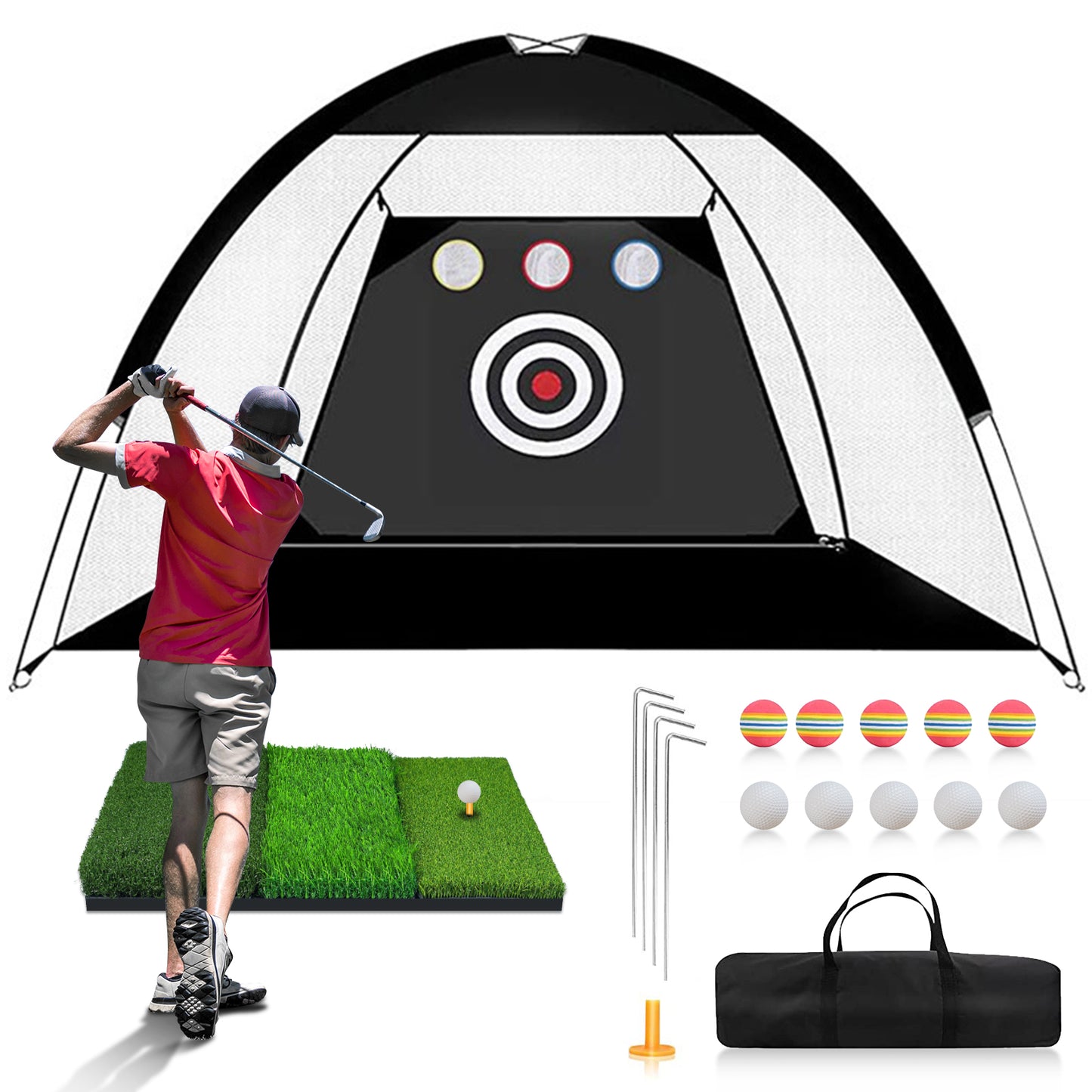 Complete Golf Practice Set: Cobito 10x7ft Golf Net with Tri-Turf Mat, Balls, Tee & Carry Bag - Ideal for Backyard or Indoor/Outdoor Swings - Perfect Gift for Golf Enthusiasts