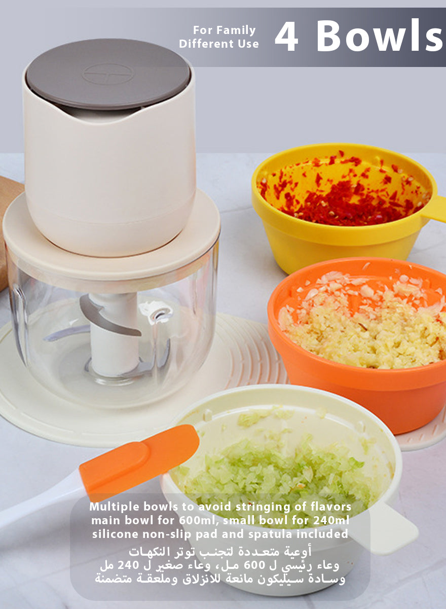 Electric Food Chopper, Mini Vegetable Garlic Chopper Food Processor with 3 Extra Bowls and Silicone Scraper, 600 mL